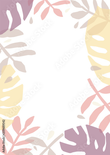Tropical background or backdrop decorated with colorful translucent leaves of...