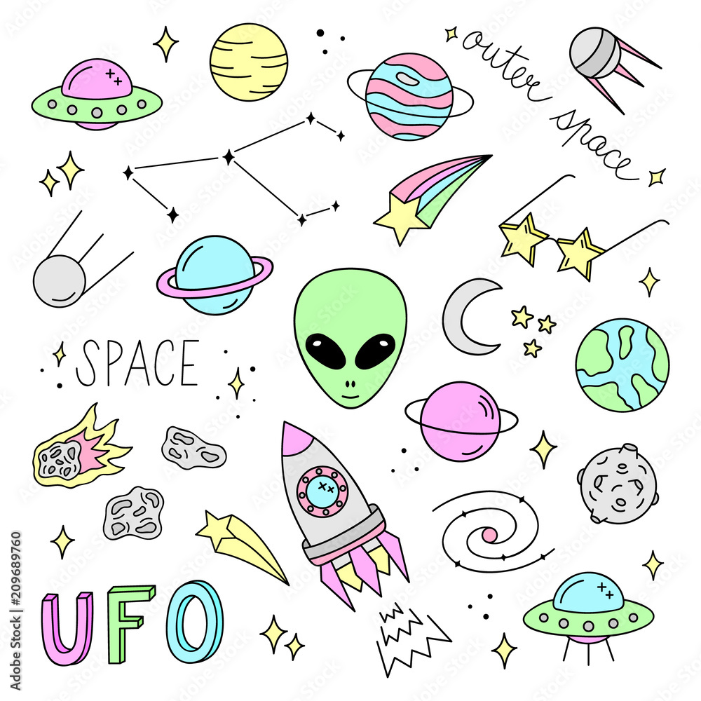 Vetor de Outer space vector objects and writings. Alien, ufo, planets,  comet, satellite, solar system, meteorite, stars, rocket and other space  icons. Cute, simple black outlined, hand drawn galaxy set. do Stock