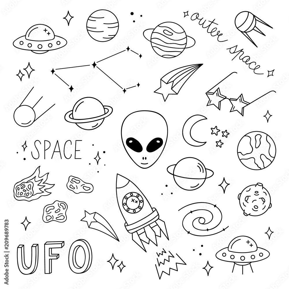 Vetor de Outer space vector objects and writings. Alien, ufo