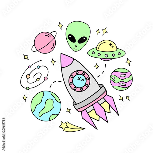 Vetor de Outer space vector objects and writings. Alien, ufo, planets,  comet, satellite, solar system, meteorite, stars, rocket and other space  icons. Cute, simple black outlined, hand drawn galaxy set. do Stock