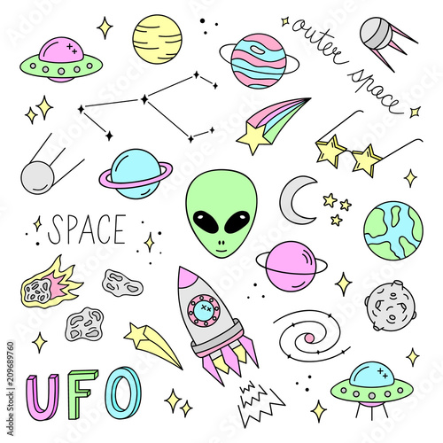 Outer space vector objects and writings. Alien, ufo, planets, moon, satellite, comet, meteorite, stars, solar system,  rocket and other space icons. Cute, colorful, doodle, hand drawn galaxy set.