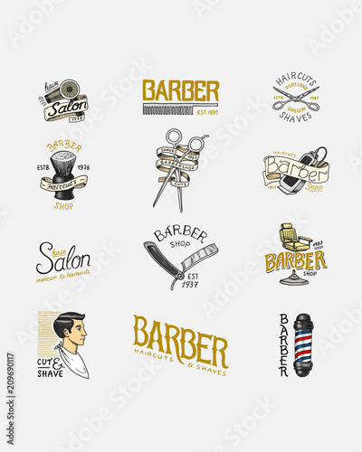 Set of barbershop badge and label, logo and hipster emblems. Tools for man icon. Haircut of beard and mustache. Brush and razor for shaving. Engraved hand drawn in old vintage sketch. Modern Lettering