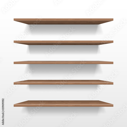 Empty wooden shop or exhibition shelf, retail shelves mockup isolated. Realistic wooden bookshelf with shadow on wall, 3d Bookshelf store or shop vector illustration