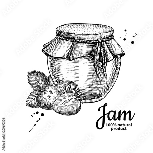 Strawberry jam glass jar vector drawing.  Fruit Jelly and marmal
