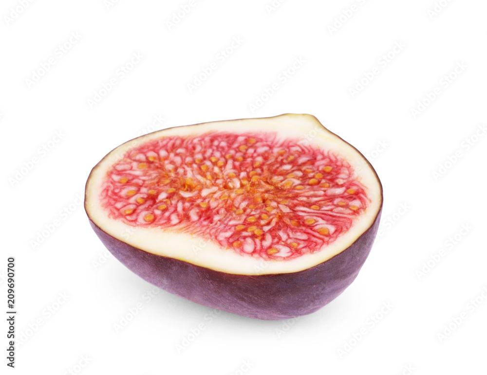 One half of fresh figs on a white background