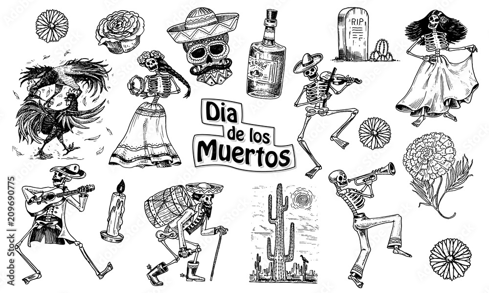 Day of the dead. Mexican national holiday. Original inscription in Spanish Dia de los Muertos. Skeletons in costumes dance, play the violin, trumpet and guitar. Hand drawn engraved sketch.
