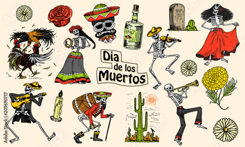 Day of the dead. Mexican national holiday. Original inscription in Spanish Dia de los Muertos. Skeletons in costumes dance, play the violin, trumpet and guitar. Hand drawn engraved sketch.
