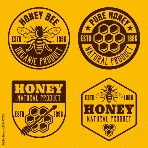 Four honey and beekeeping badges, emblems, labels