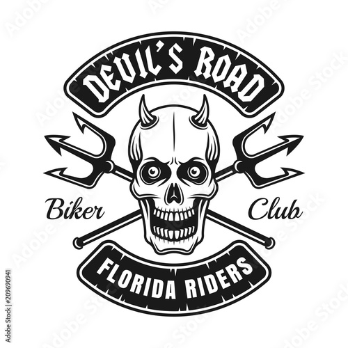 Biker club emblem with devil skull and tridents