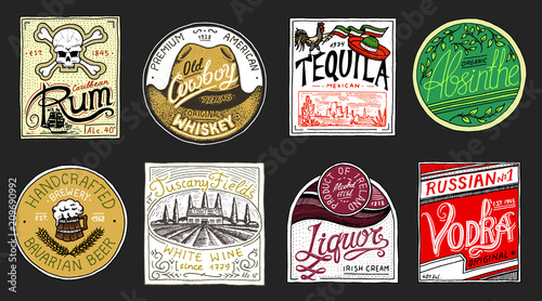 Vintage American badge. Absinthe Tequila Vodka Liqueur Rum Wine Strong whiskey Beer. Alcohol Label with calligraphic elements. Frame for poster banner. Hand drawn engraved lettering for t-shirt.