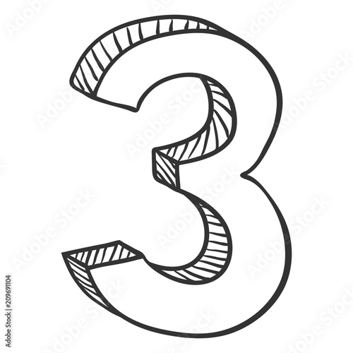 Vector Hand Drawn Sketch Illustration - Number Three