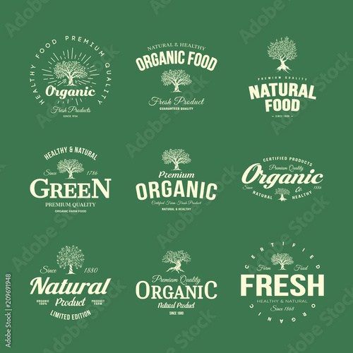 Organic natural and healthy farm fresh food retro emblem set. Olive tree vintage old logo badge isolated on green background.
Premium quality green plant organic fashion logotype illustration design.