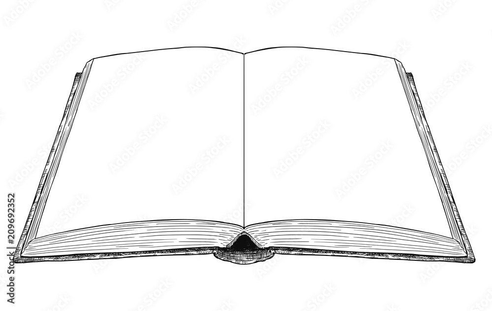 Vector artistic pen and ink drawing illustration of old open book with blank or empty white pages.