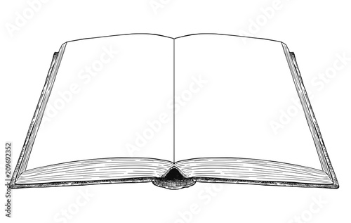 Vector artistic pen and ink drawing illustration of old open book with blank or empty white pages.