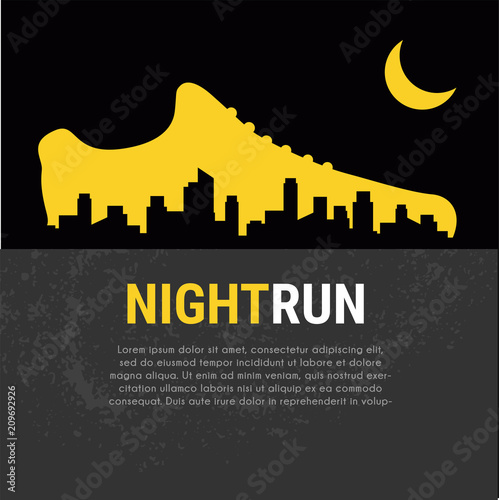 Abstract vector poster - running, sport shoe and the city outline. night run marathon