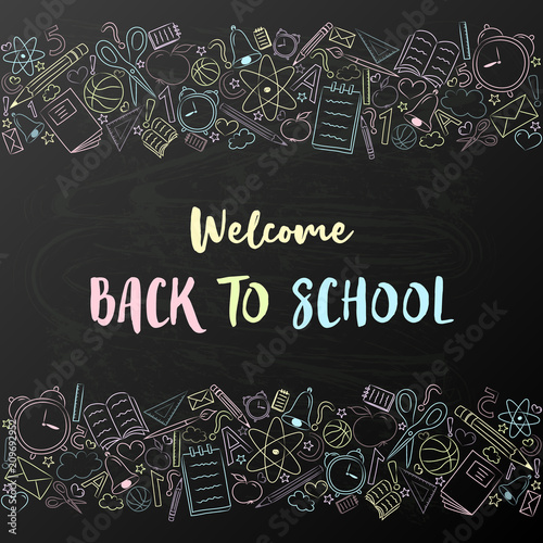 Back to school - cute poster with hand drawn elements. Vector.