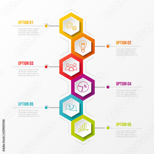 Template of infographic with colourful hexagonal icons. Vector.