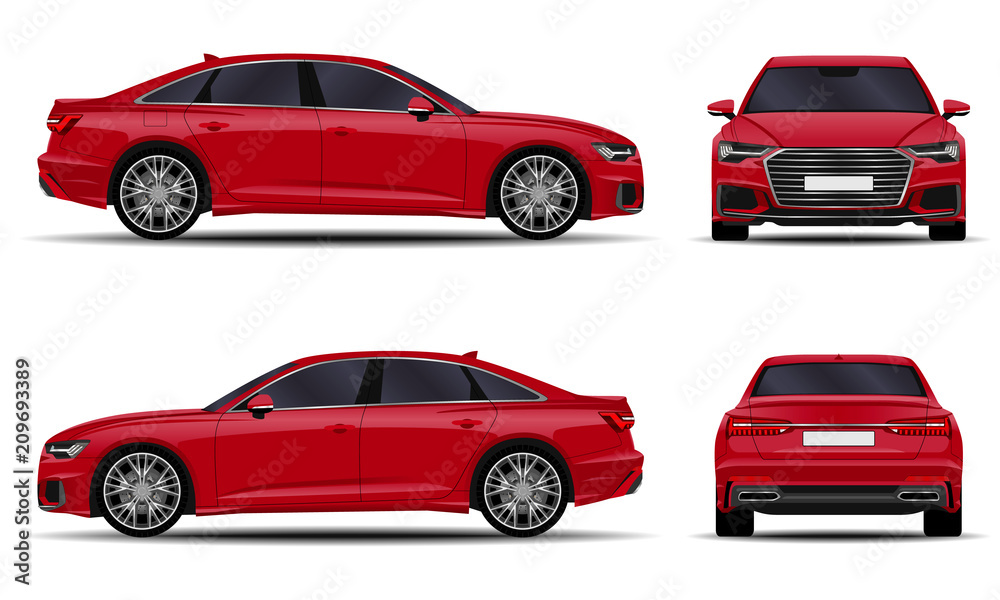 realistic car. sedan. front view; side view; back view. realistic car. sedan. front view; side view; back view.