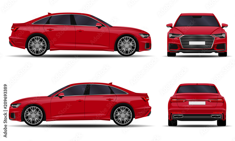 realistic car. sedan. front view; side view; back view.