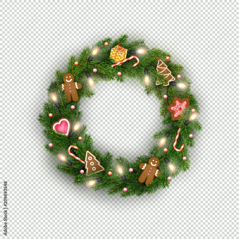 Christmas wreath of realistic Christmas tree branches, light bulb, gift, cookies, sweets