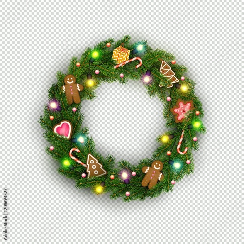 Christmas wreath of realistic Christmas tree branches, lightbulb, gift, cookies, sweets