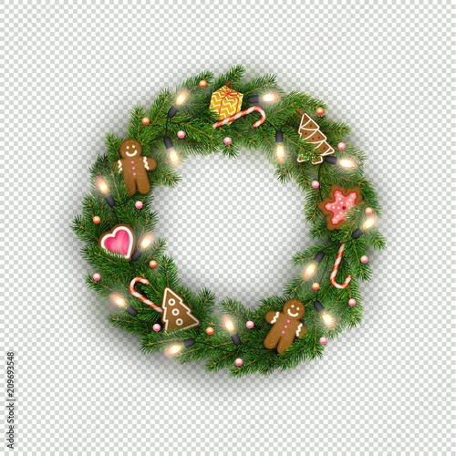 Christmas wreath of realistic Christmas tree branches, light bulb, gift, cookies, sweets