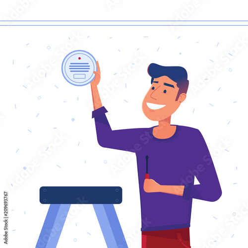 A man sets up smart smoke detection system on the wall. Smoke, CO, gas, fire and carbon monoxide alarm as smart house and internet of things concept. Vector flat design illustration.