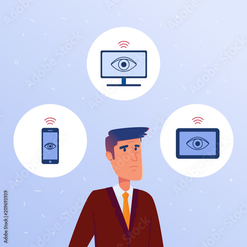 An anxious man surrounded by devices with his personal data