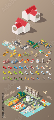 Build Your Own City . Set of Isolated Minimal City Vector Elements on Dark Background