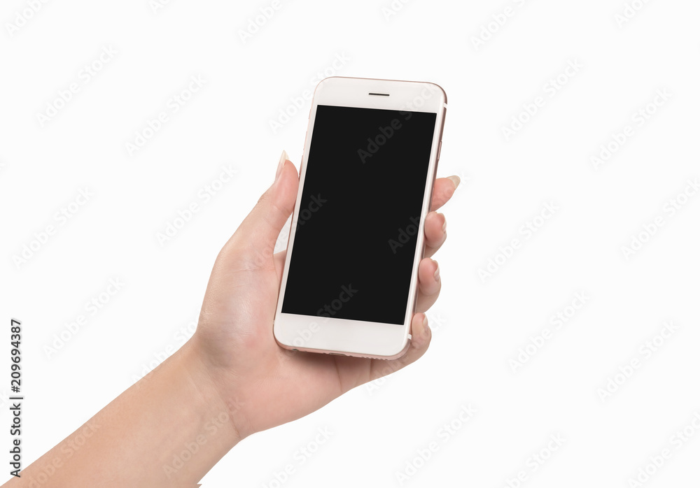 Young woman hand holding smartphone isolated on white background. Young woman hand holding smartphone isolated on white background.