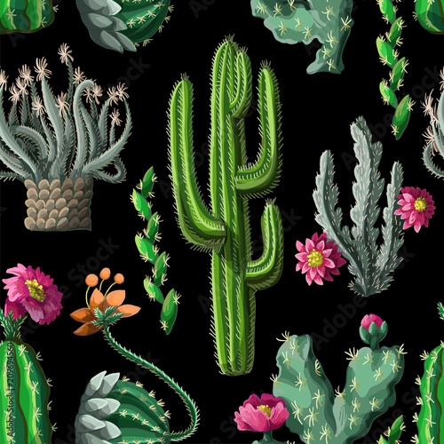 Seamless pattern with cactus and flowers on dark background. Vector illustration.