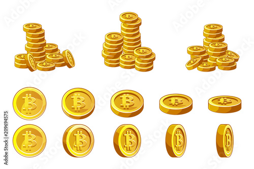 Golden Bitcoins coins stack and animation set. Finance success cryptocurrency concept illustration.