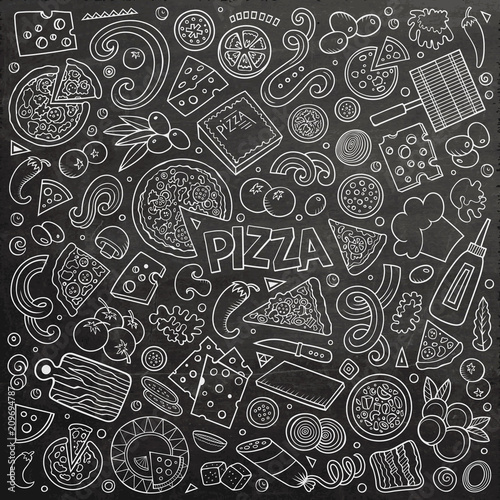Vector cartoon set of Pizzeria objects and symbols