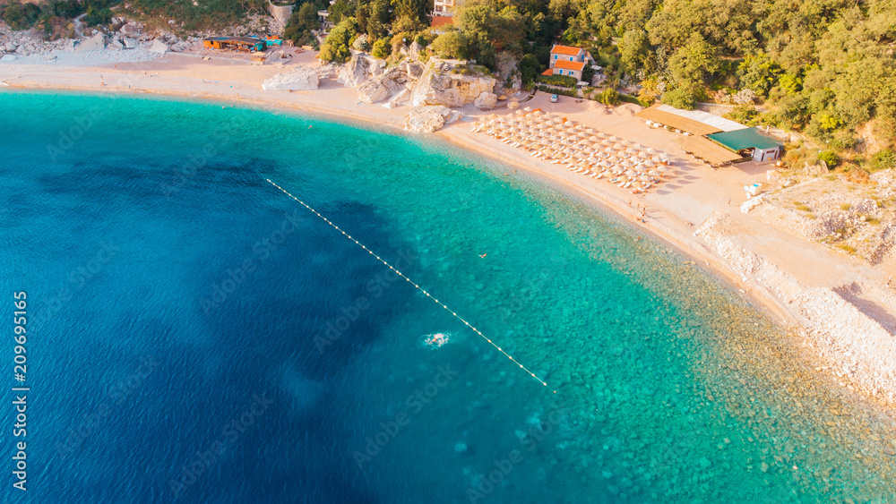 Aerial view of the beaches of the Adriatic coast in Montenegro