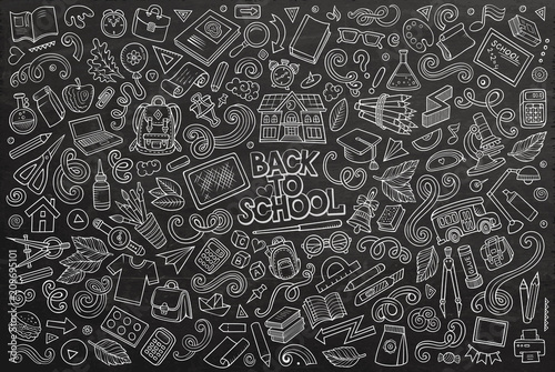Vector doodle cartoon set of School objects and symbols