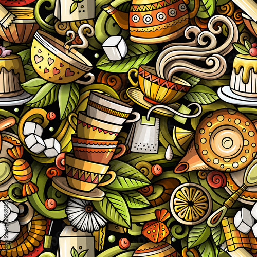 Cartoon cute doodles hand drawn Tea House seamless pattern