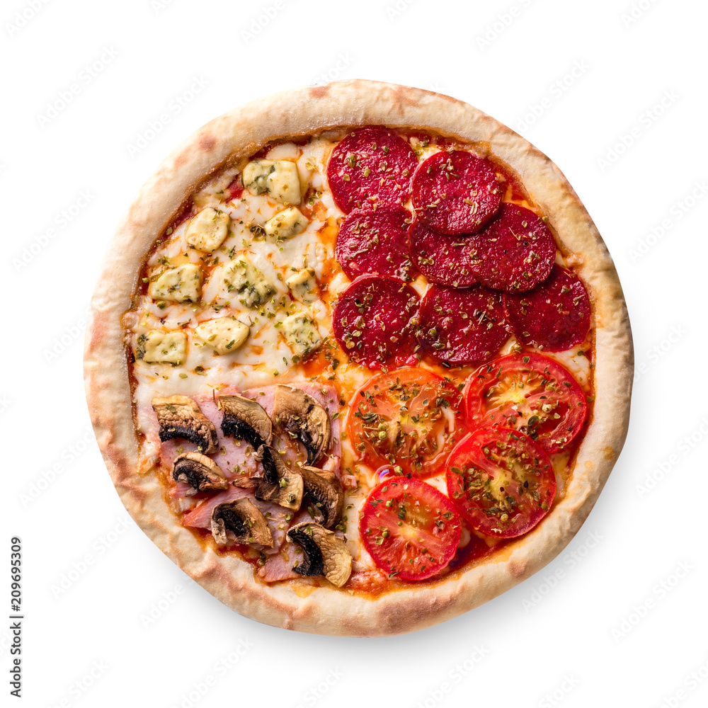 Pizza with pepperoni, champignons, tomato and cheese. Four tastes in one pizza on white background.