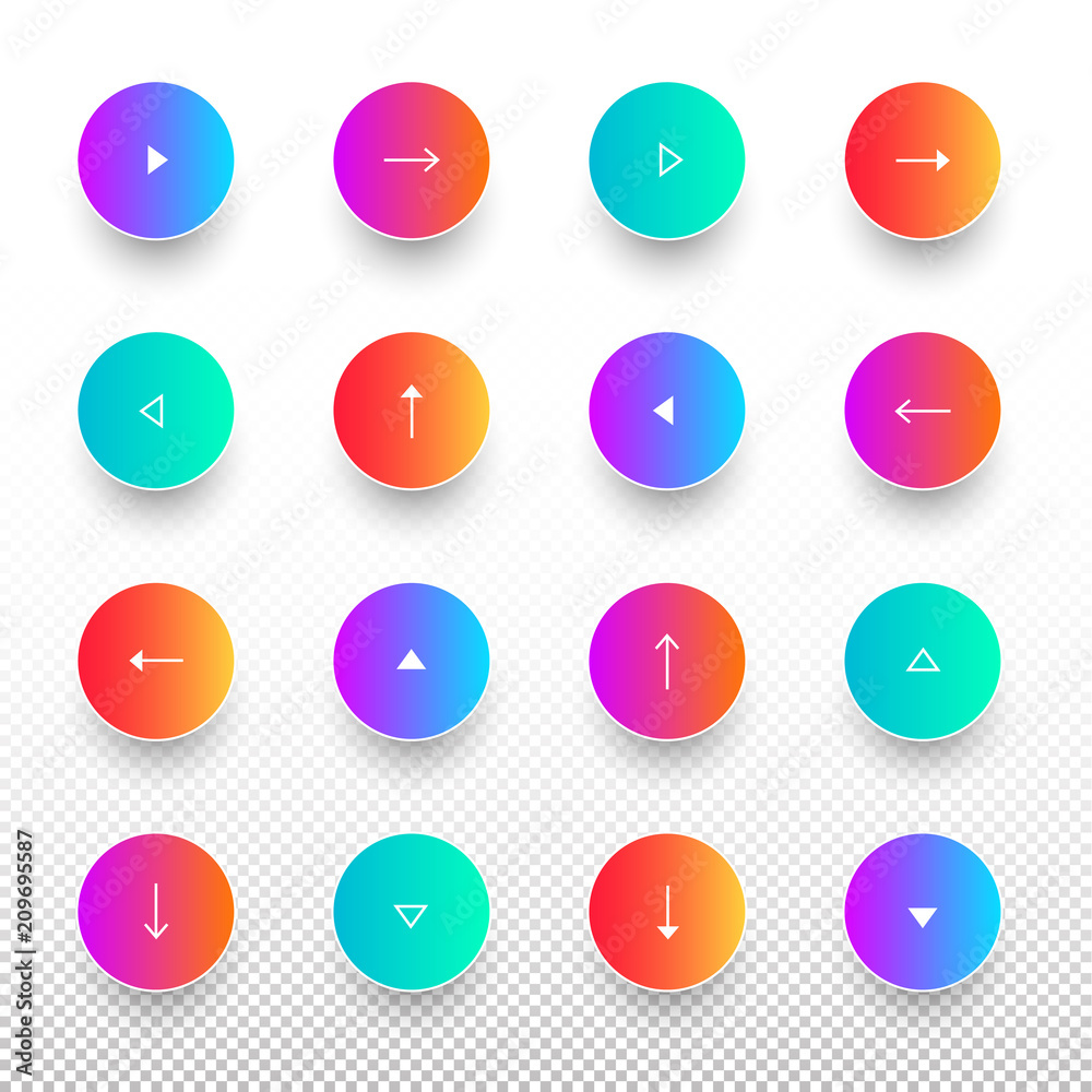 Arrow button set on soft color gradient round background with contour, navigation vector icon design for website, app. Left, next, right, previous, down, up arrow signs. Circle shape internet buttons. Arrow button set on soft color gradient round background with contour, navigation vector icon design for website, app. Left, next, right, previous, down, up arrow signs. Circle shape internet buttons.