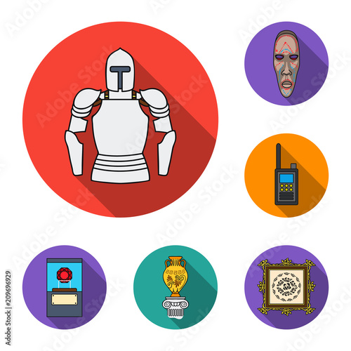 Museum and gallery flat icons in set collection for design. Storage and exhibition of showpiece vector symbol stock web illustration.