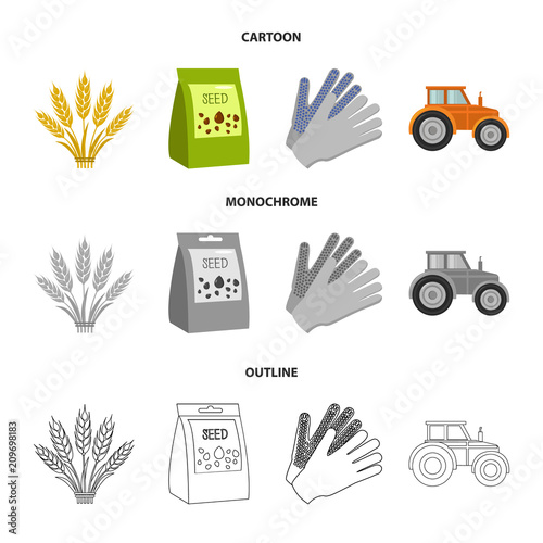 Spikelets of wheat, a packet of seeds, a tractor, gloves.Farm set collection icons in cartoon,outline,monochrome style vector symbol stock illustration web.