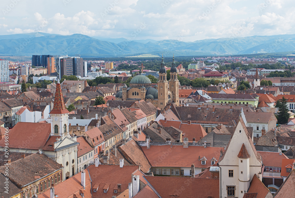 Medieval city of Sibiu Romania with Trinity Church 