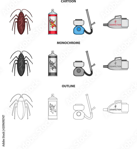 Cockroach and equipment for disinfection cartoon,outline,monochrome icons in set collection for design. Pest Control Service vector symbol stock web illustration.