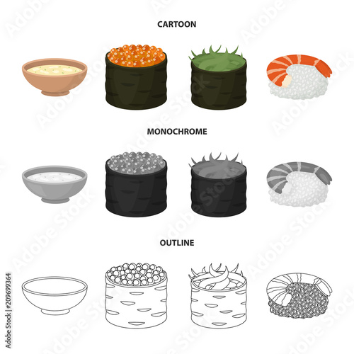 Bowl of soup, caviar, shrimp with rice. Sushi set collection icons in cartoon,outline,monochrome style vector symbol stock illustration web.
