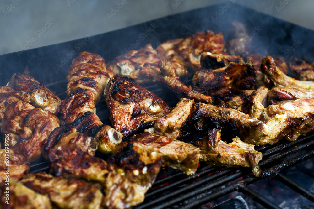 meat; grill; barbecue; grilled; food; fried; fire; cooking; delicious; grate; chicken; flame; roasted; picnic; heat; meal; pork; preparation; smoke; bbq; hot; charcoal; outdoors; dinner; red