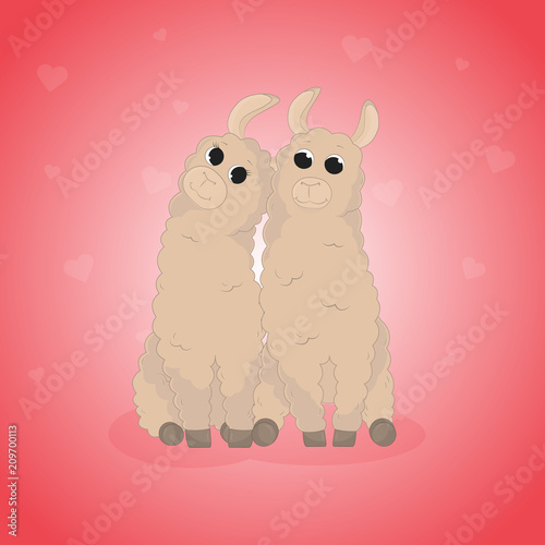 Cartoon llama. Cute lama. Alpaca. Card on colorful background. Vector photo