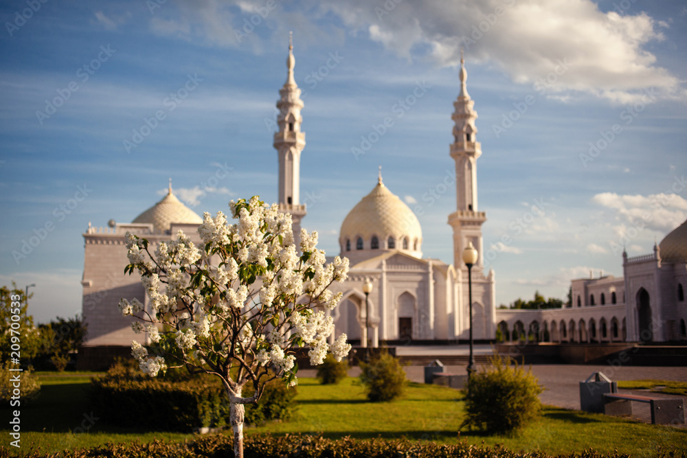 Obraz premium White mosque and blooming Apple tree
