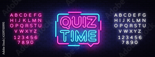 Quiz Time announcement poster neon signboard vector. Pub Quiz vintage styled neon glowing letters shining, Light Banner, Questions team game.Vector illustration. Editing text neon sign
