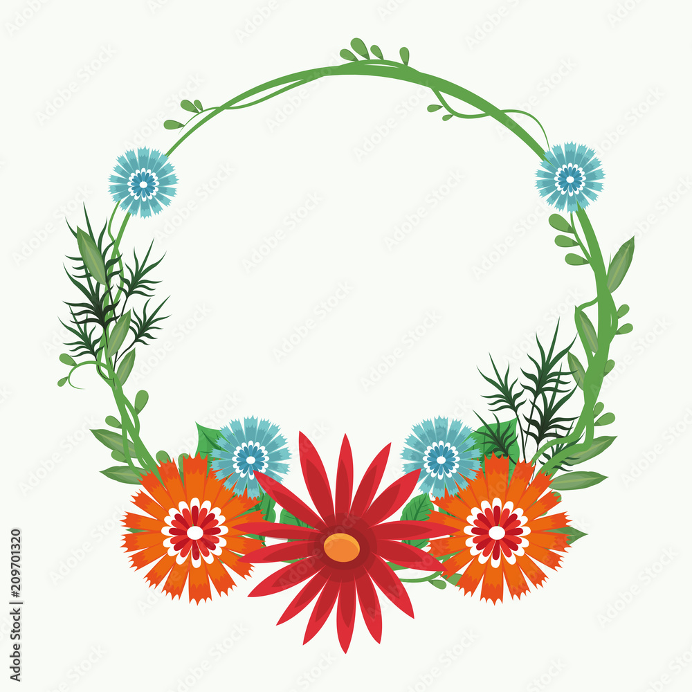 Decorative round frame pink flowers with leaves vector illustration graphic design