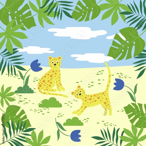 Vector pattern with leopards and tropical leaves. Vector illustration.
