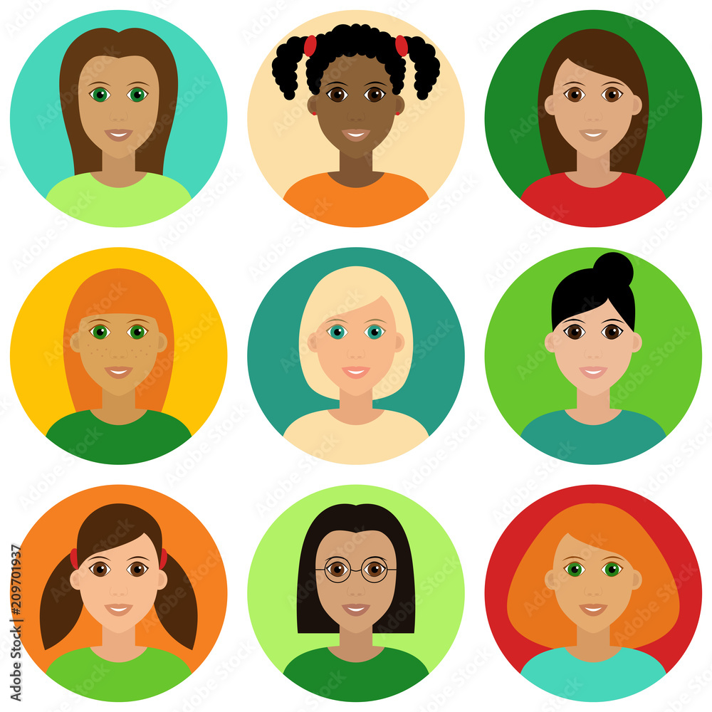 Beautiful young girls avatar set. Diverse faces, different haircut, hairstyle, isolated on white background. Vector clipart illustration Beautiful young girls avatar set. Diverse faces, different haircut, hairstyle, isolated on white background. Vector clipart illustration